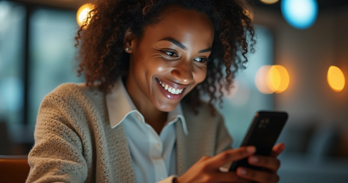 Usuário satisfeito olhando celular após atendimento com chatbot empresarial no WhatsApp 