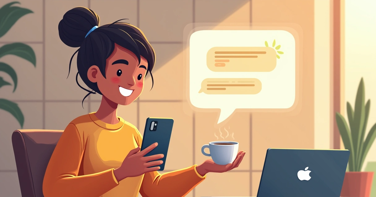 Cliente sorrindo após receber suporte de chatbot eficiente 