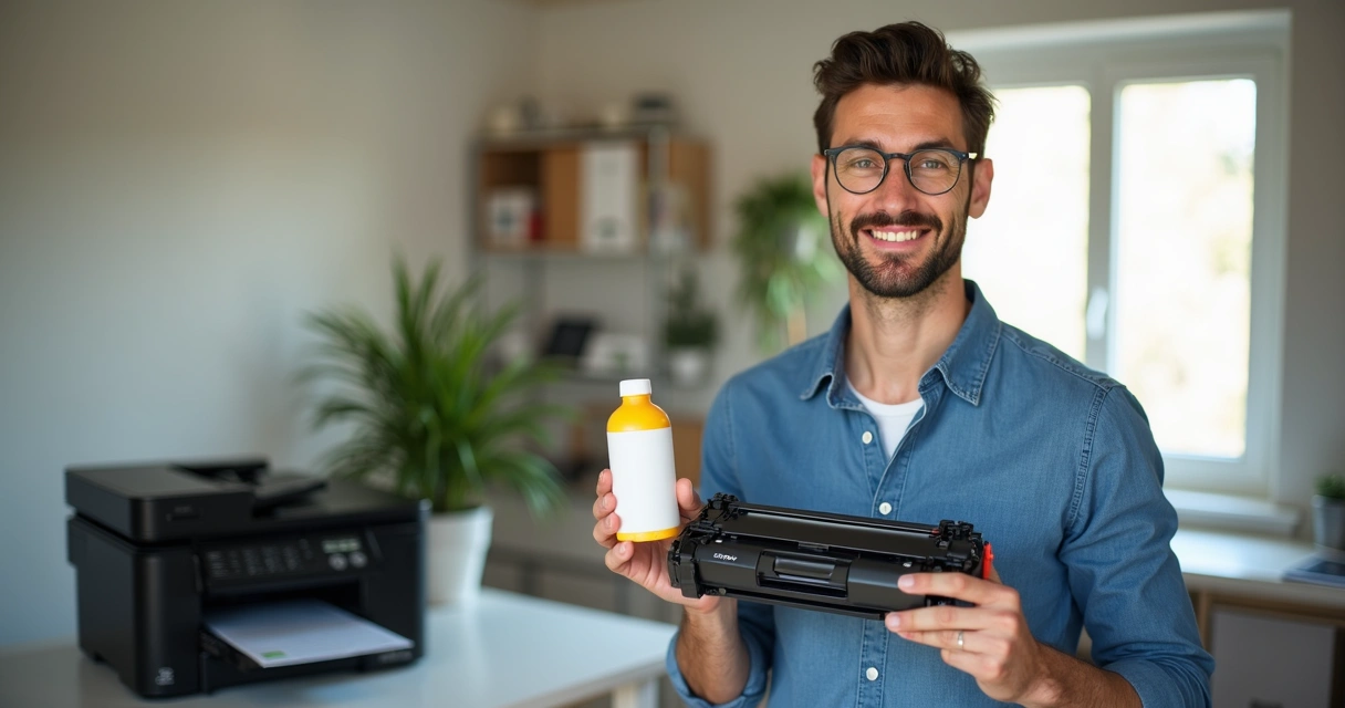 Pessoa sorrindo segurando cartucho e pote de pó para recarga de toner, em bancada com impressora ao fundo 