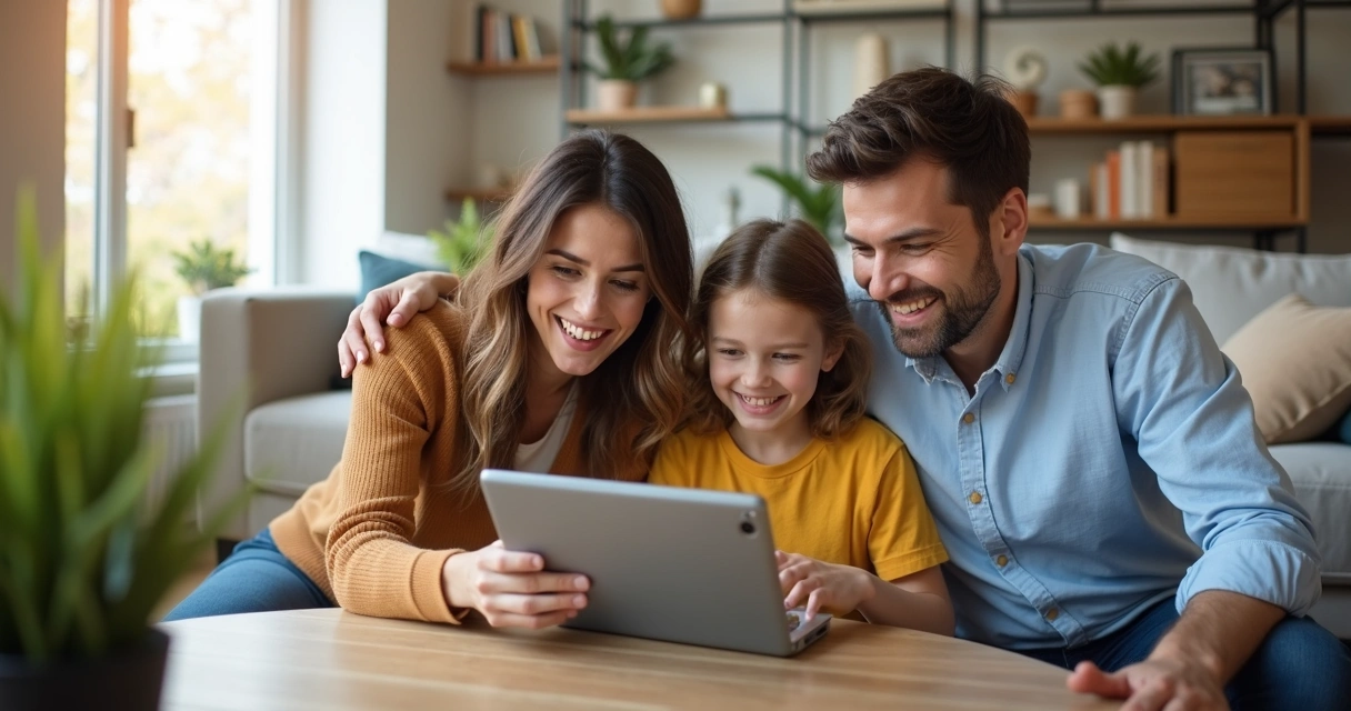 Família feliz em apartamento recém-entregue, consultando tablet na sala decorada, todos sorrindo para a tela 