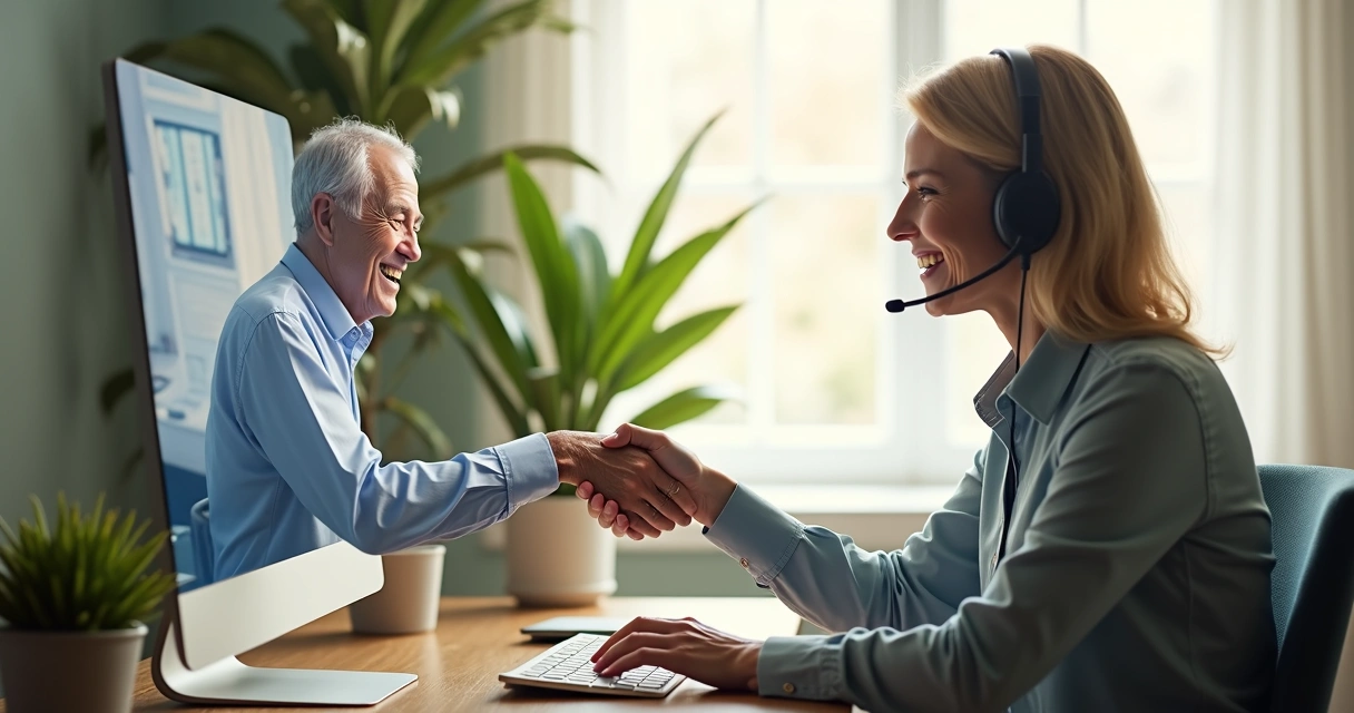 Atendente feliz ao fechar empréstimo pelo telefone com cliente satisfeito 
