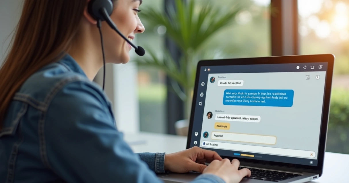 Pessoa sorrindo enquanto conversa em chat pelo notebook 
