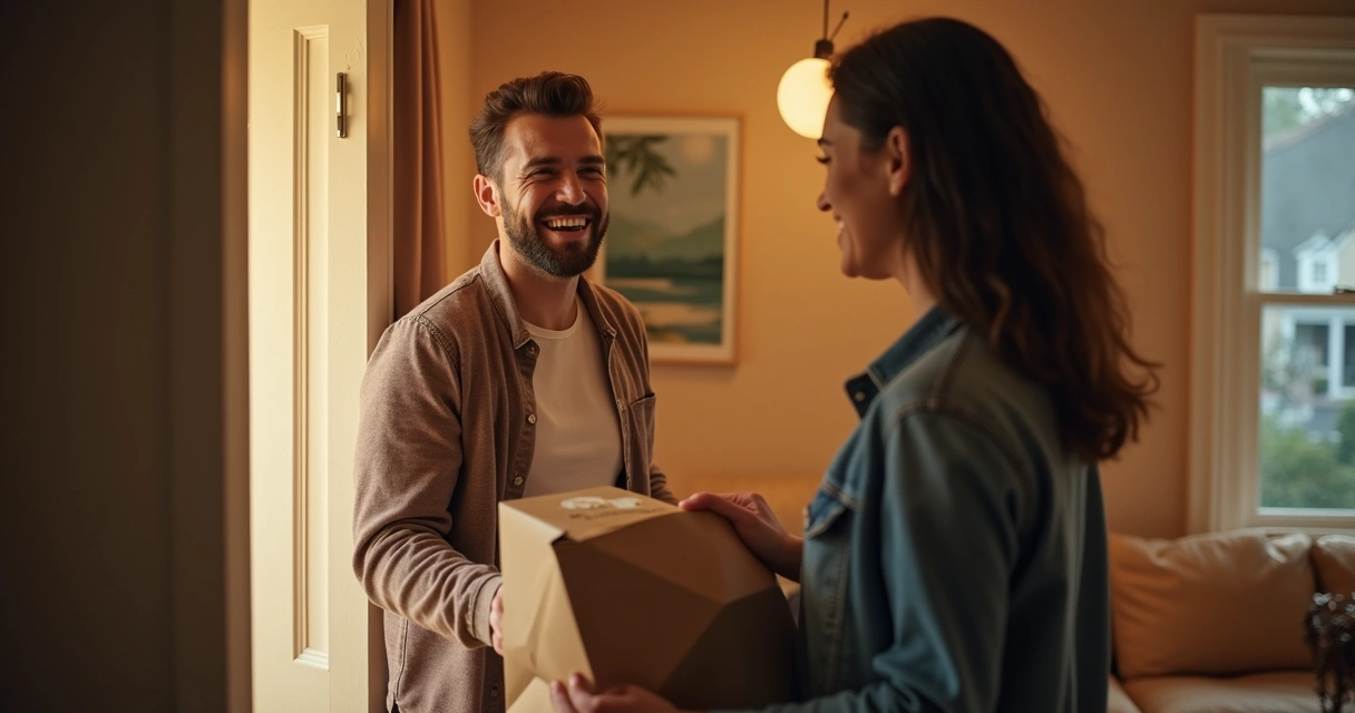 Cliente feliz recebendo comida de delivery em casa