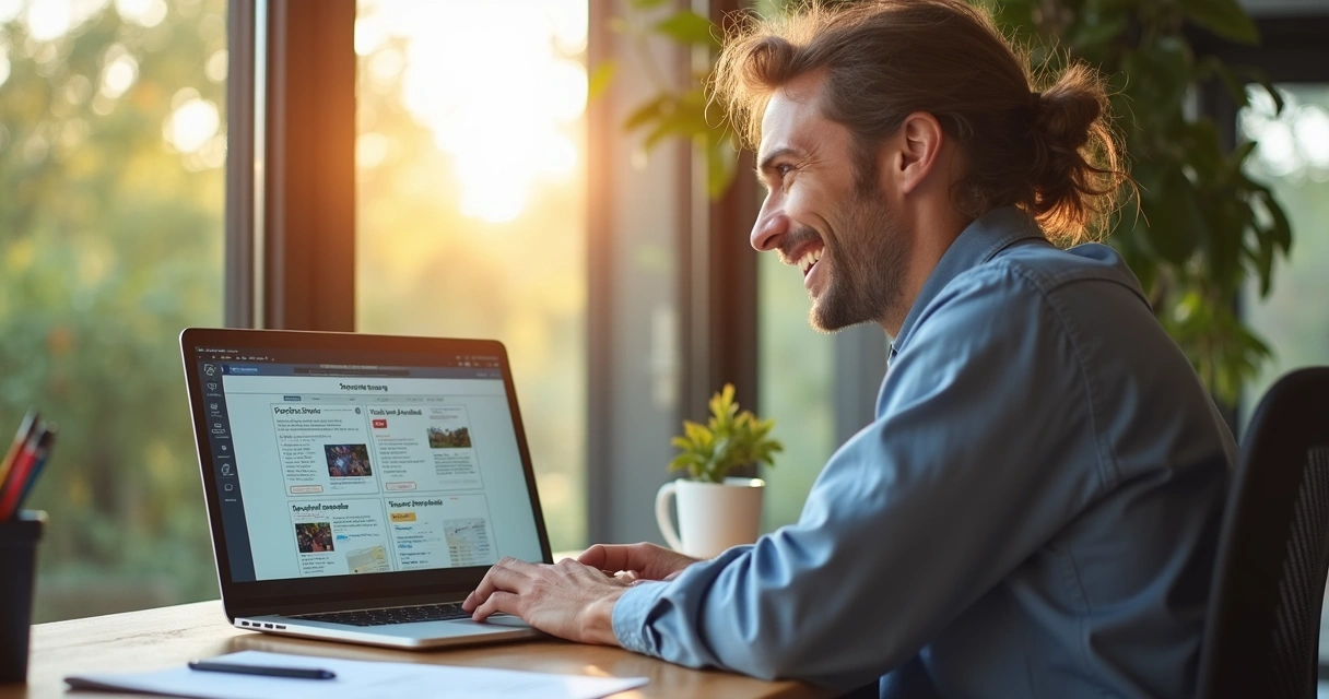 Cliente satisfeito após ver portfólio, sorrindo para o laptop 