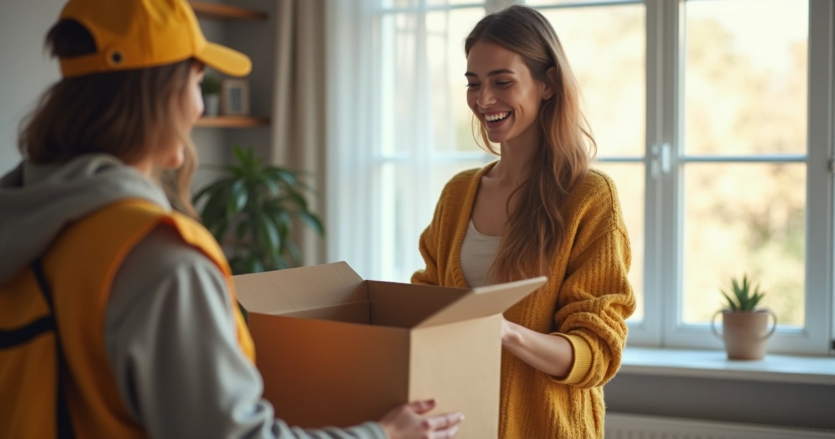 Cliente sorridente recebendo caixa de e-commerce em casa