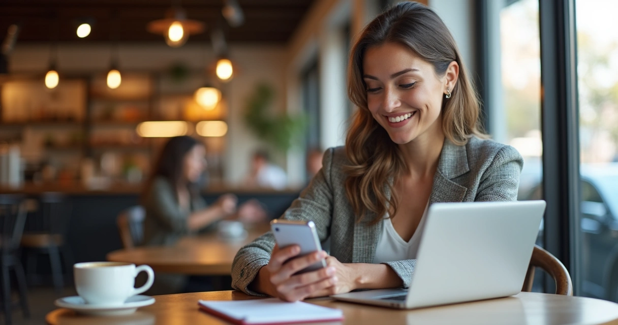 Cliente satisfeito lendo email personalizado no smartphone 