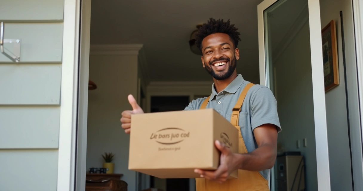 Consumidor feliz recebendo caixa em casa, sinalizando aprovação 