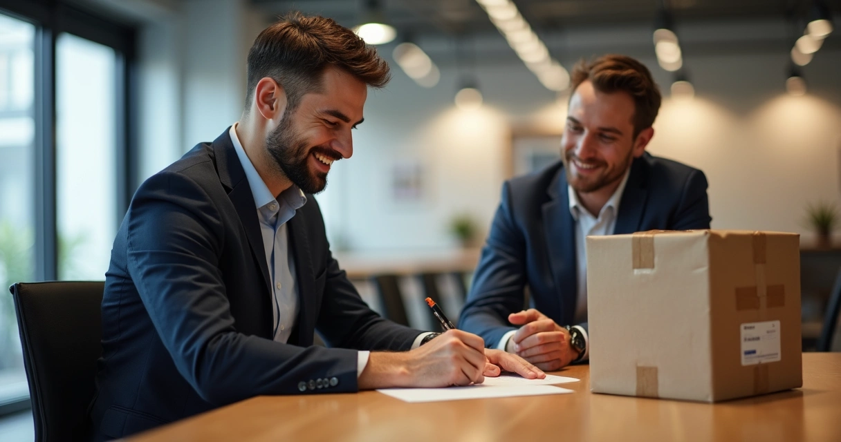 Cliente sorridente assinando recebimento de entrega com satisfação, ambiente empresarial. 