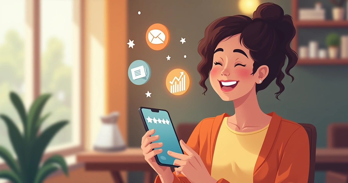 Cliente feliz compartilhando feedback via smartphone