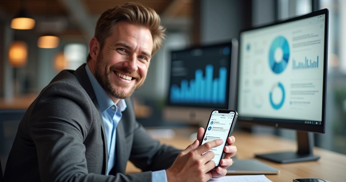 Cliente sorrindo segurando celular com tela mostrando feedback positivo na rede social 