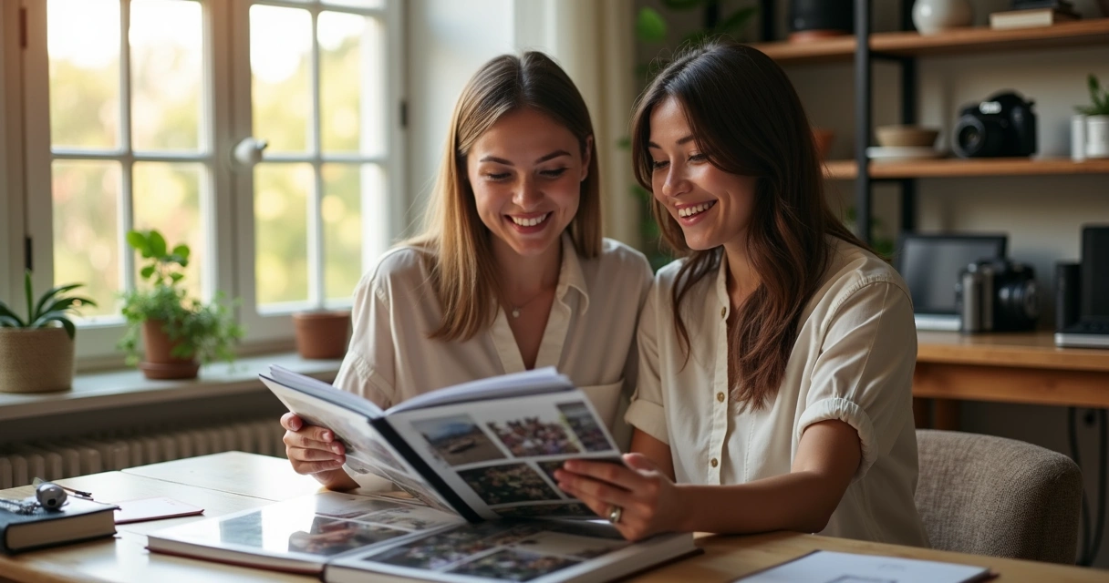 Cliente feliz olhando álbum de fotos com fotógrafo 