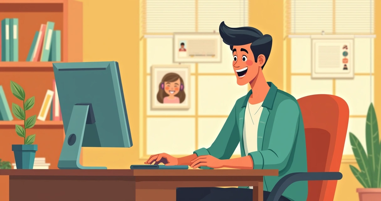 Ilustração de empreendedor sorrindo em frente ao computador recebendo suporte 