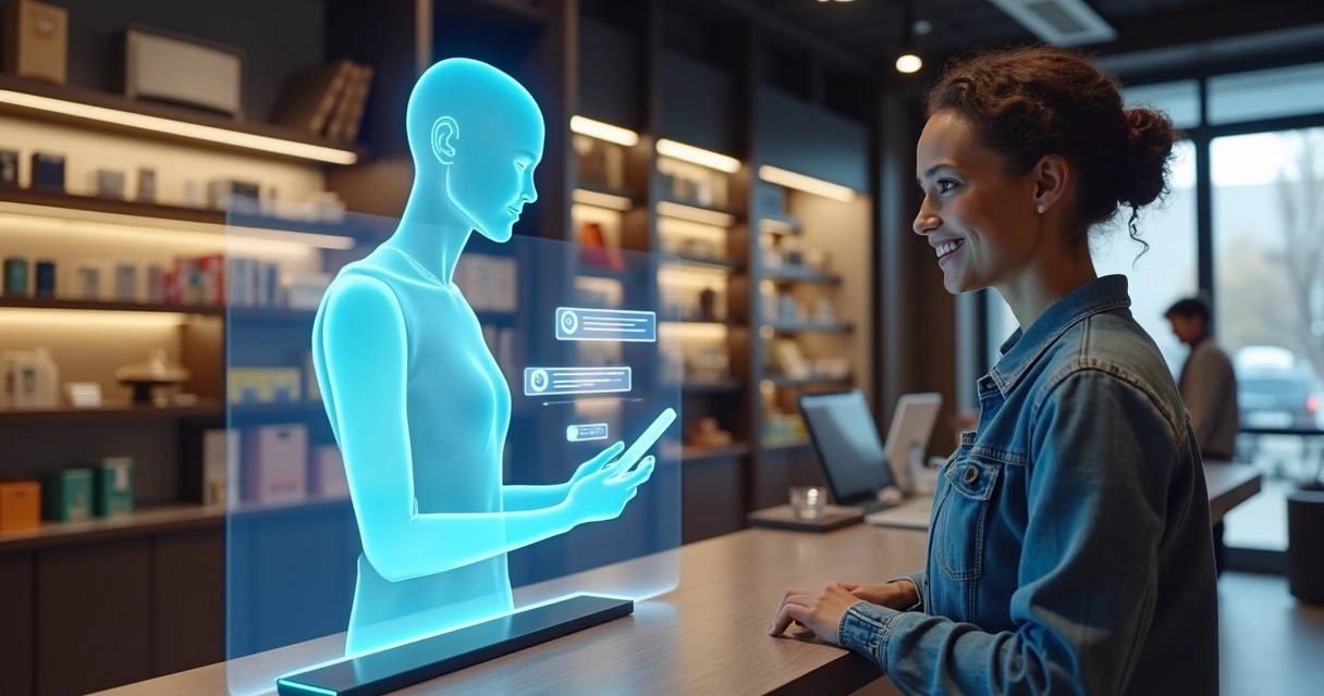 Cliente satisfeito usando assistente virtual em loja 