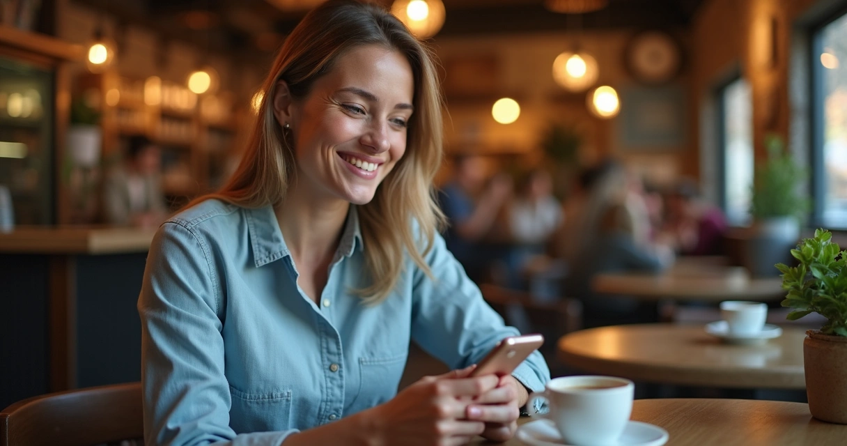 Cliente satisfeito recebendo atendimento digital no celular 