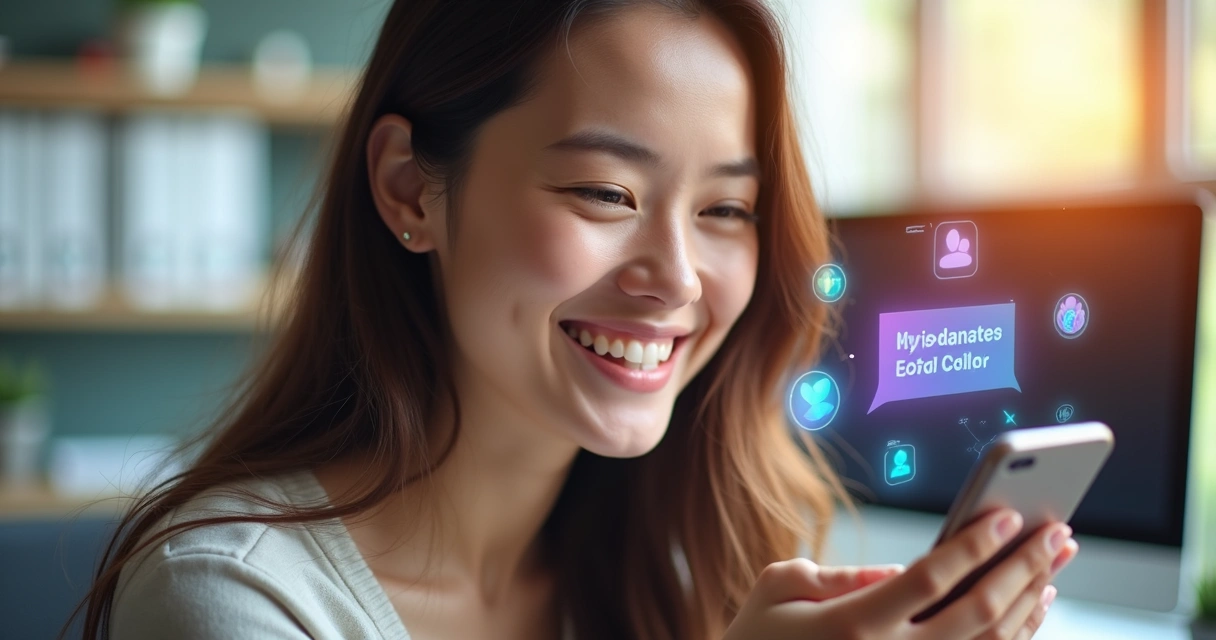 Cliente feliz recebendo atendimento personalizado digital. 