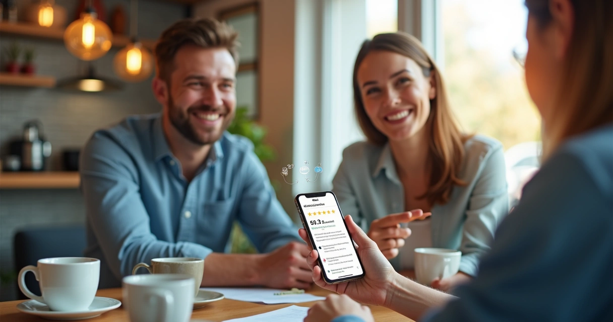 Cliente sorrindo recomendando serviço para amigo