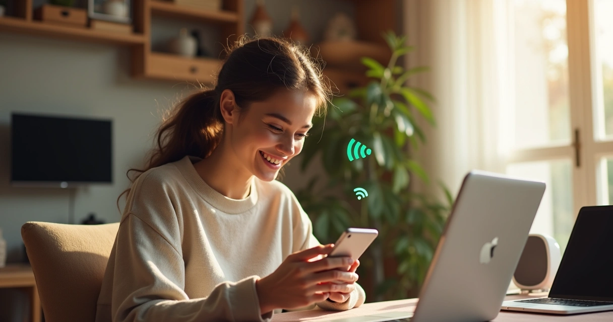 Cliente feliz conferindo mensagem de atendimento personalizado da operadora de internet