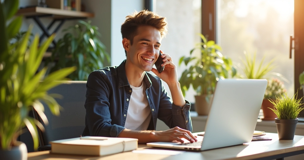 Cliente satisfeito ao telefone sorrindo com o laptop aberto 