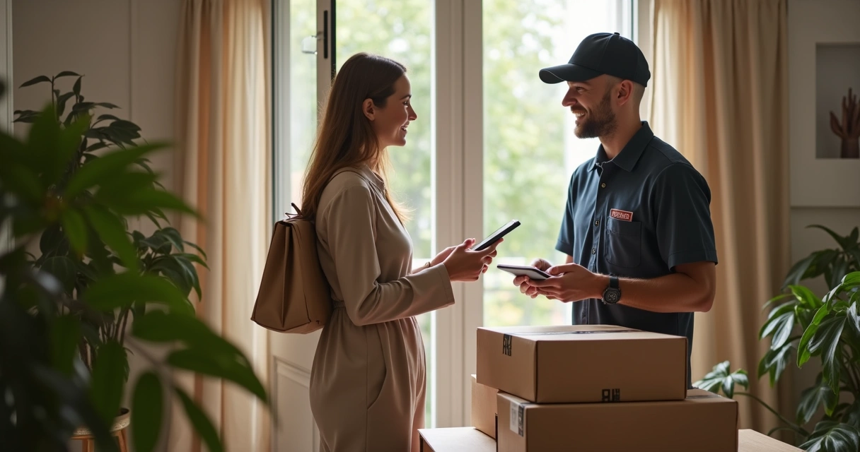 Consumidor sorrindo ao receber encomenda em casa 