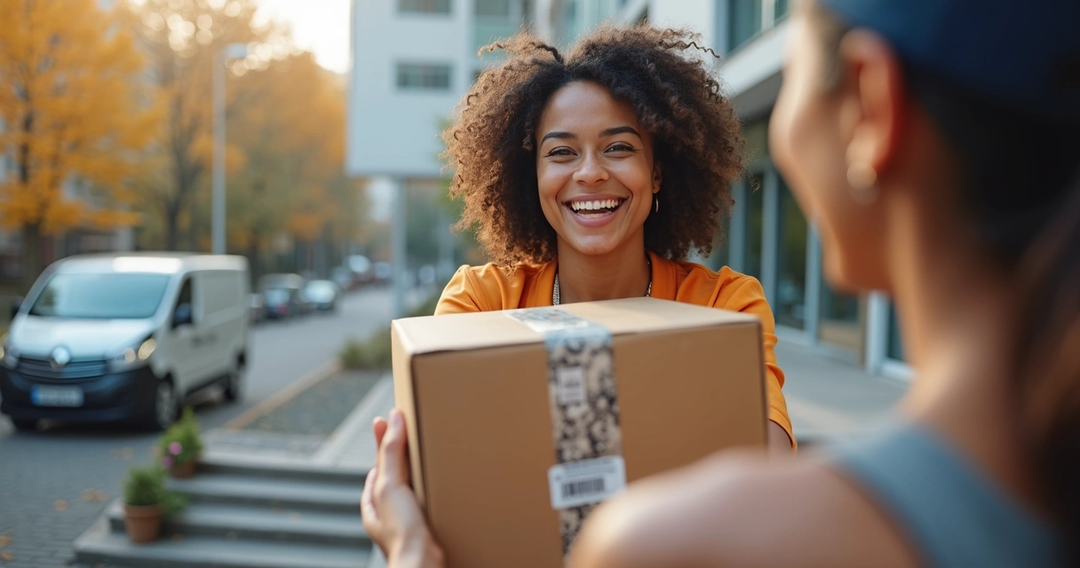 Cliente satisfeito recebendo pedido rapidamente em casa 