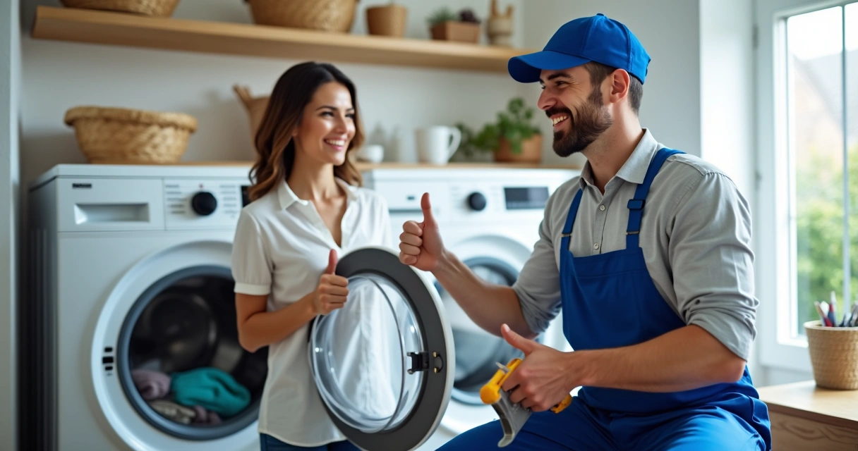 Cliente sorrindo após reparo de máquina de lavar roupa 