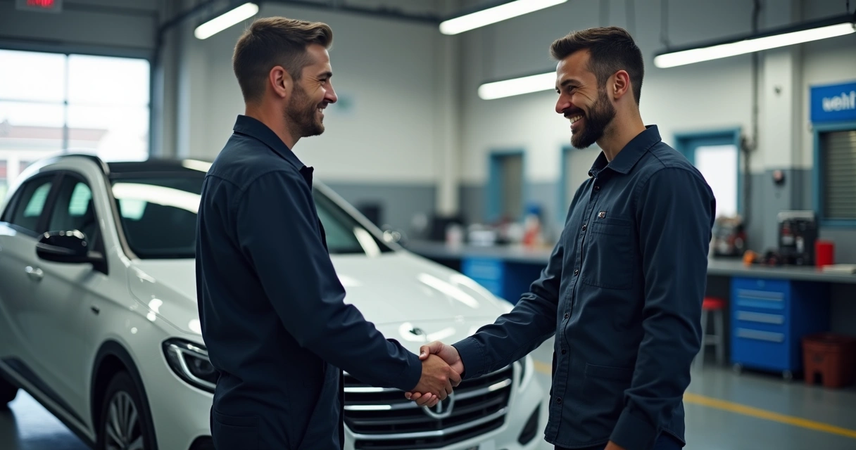 Cliente feliz recebendo carro pronto de mecânico em oficina 