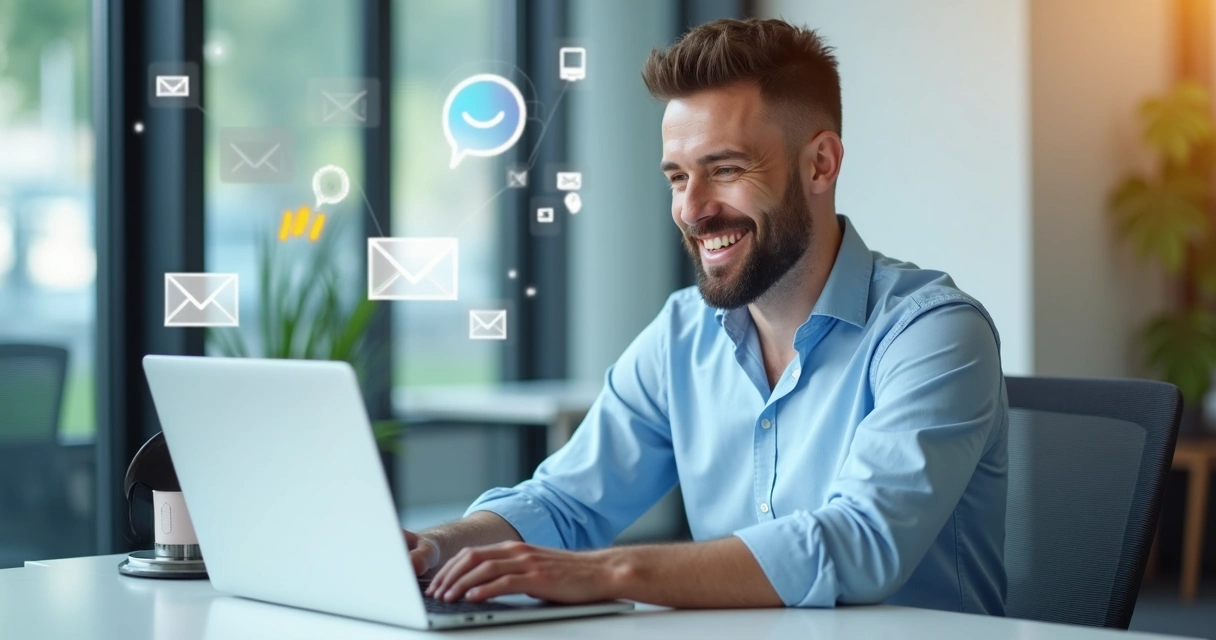 Empresário satisfeito usando notebook com notificações digitais ao redor 
