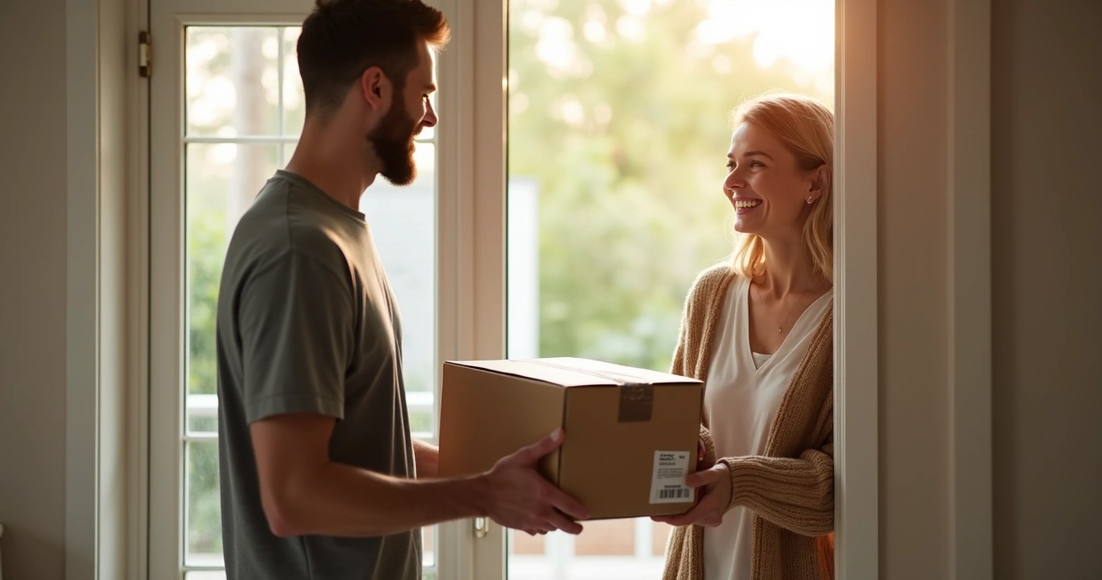 Cliente satisfeito recebendo pacote de entrega em porta de casa, segurando produto