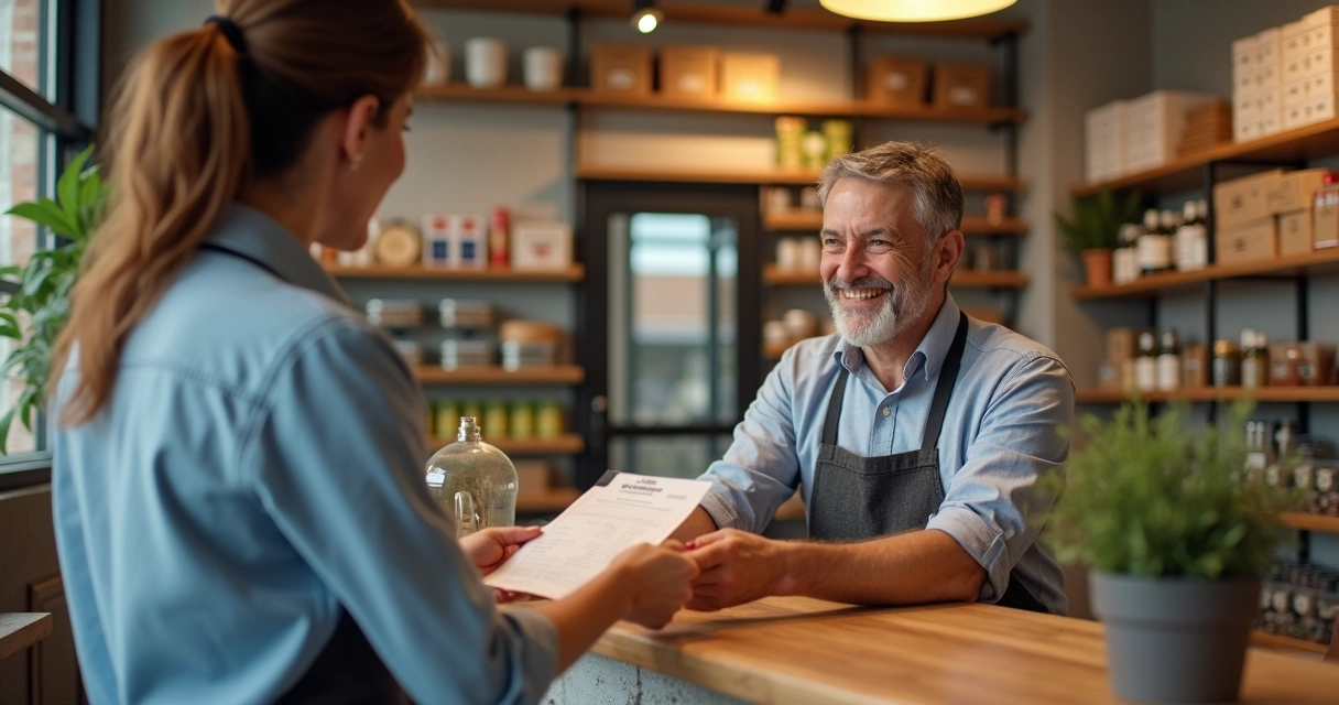 Cliente sorrindo ao receber atendimento justo em loja pequena