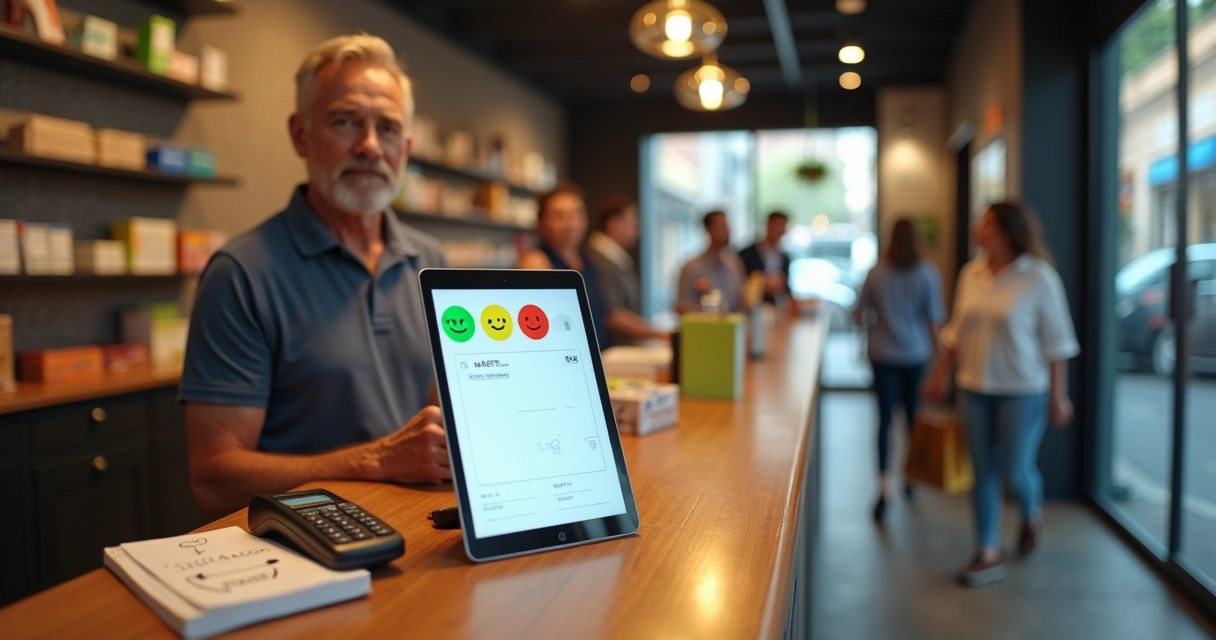 Empresário analisando respostas simples de pesquisa de satisfação do cliente em tablet 