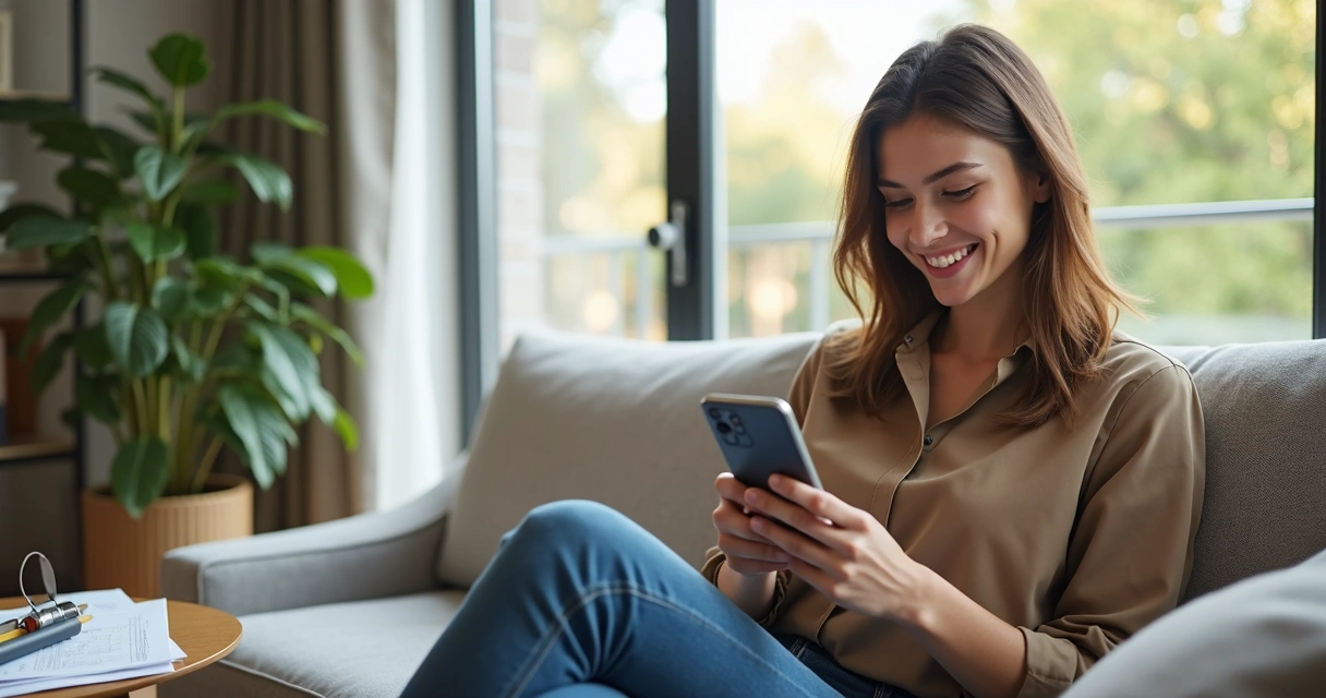 Cliente feliz usando aplicativo de pós-obra em smartphone 