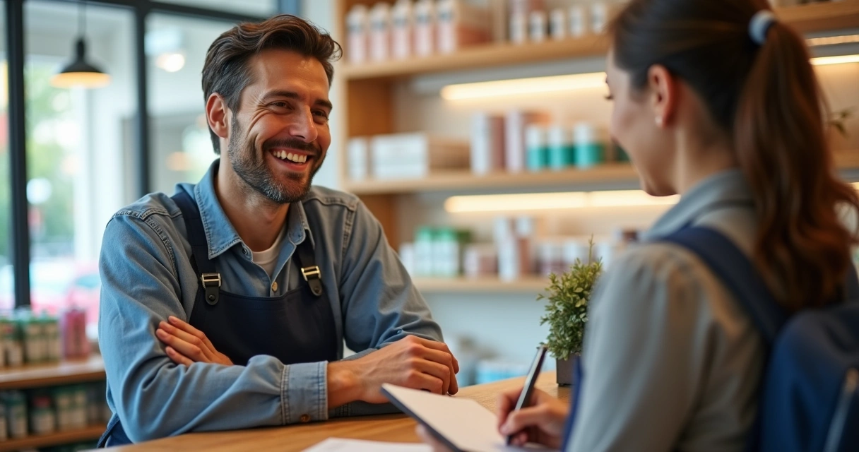 Cliente satisfeito conversando com atendente após a compra 