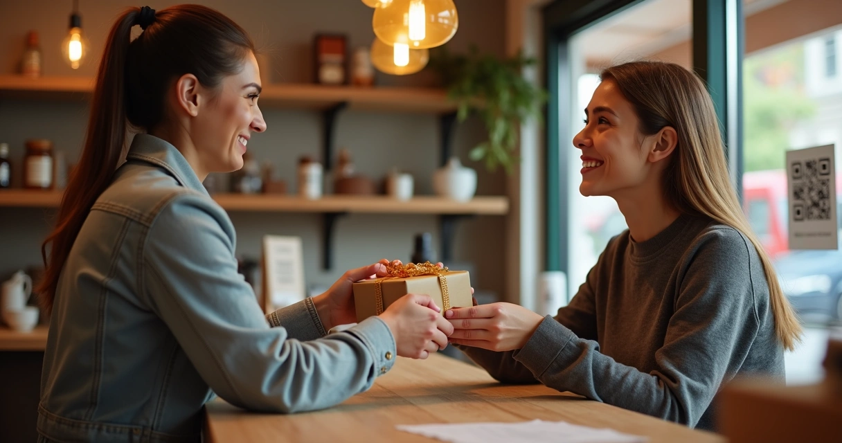 Cliente recebendo recompensa em loja pequena 