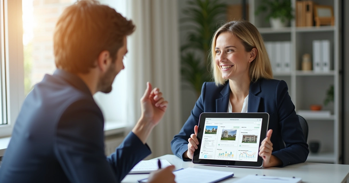 Cliente lendo relatório imobiliário pronto, sorrindo e gesticulando para a tela