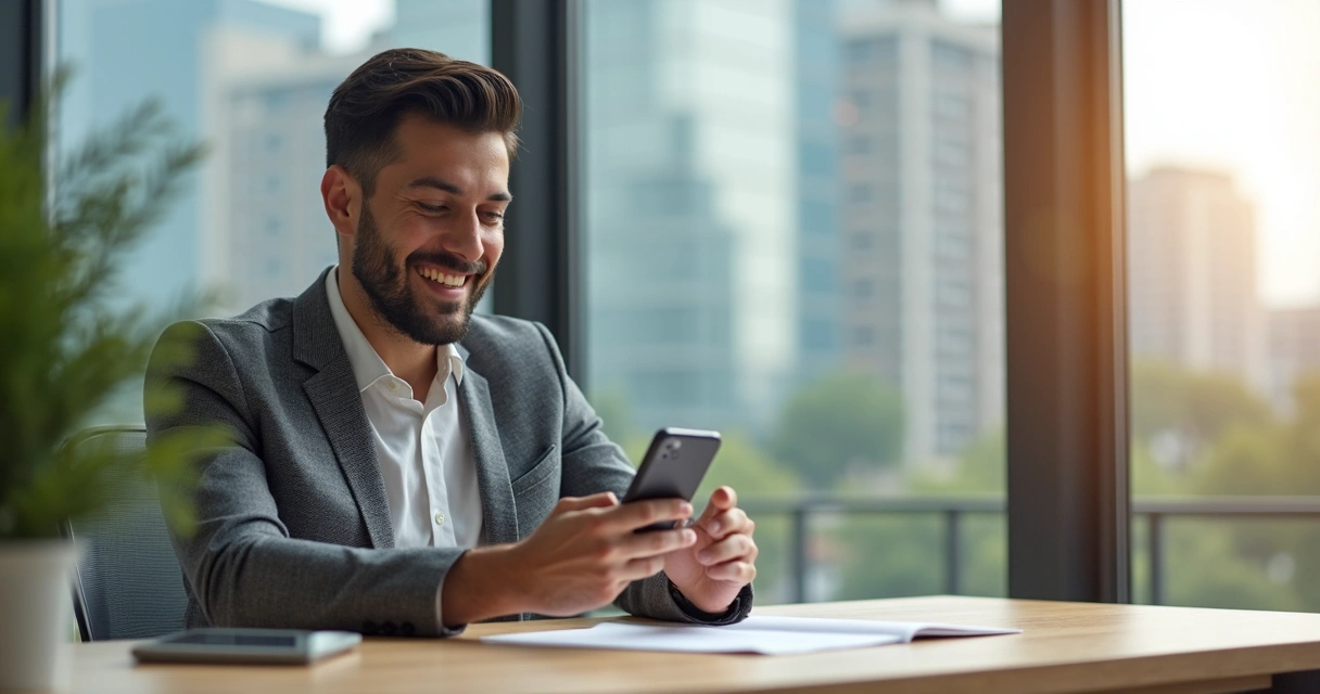 Cliente satisfeito olhando para celular após responder pesquisa