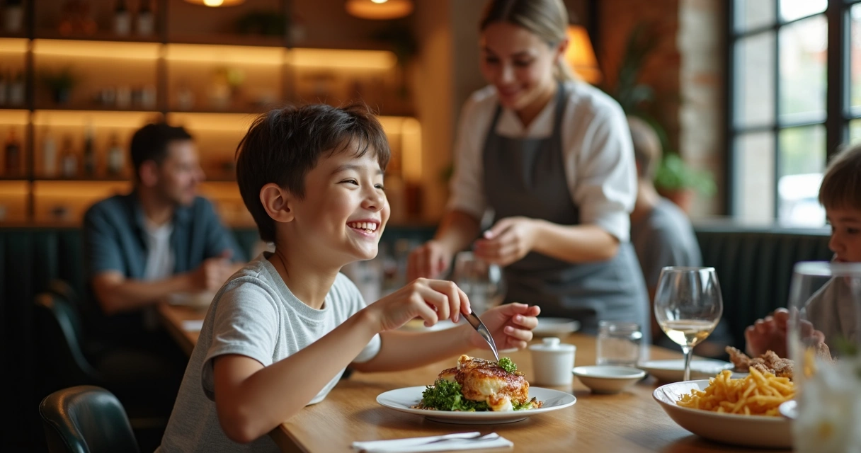 Cliente sorrindo apreciando comida em restaurante 