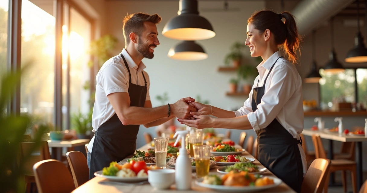 Cliente satisfeito sendo servido em restaurante limpo 