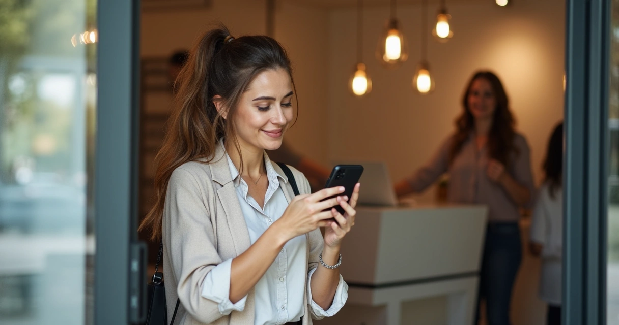 Cliente saindo satisfeito de um salão de beleza com recepcionista sorridente ao fundo 