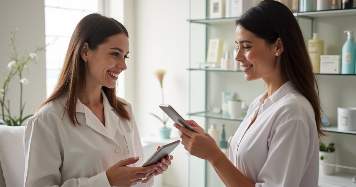 Cliente feliz ao fazer pagamento digital após serviço de beleza 