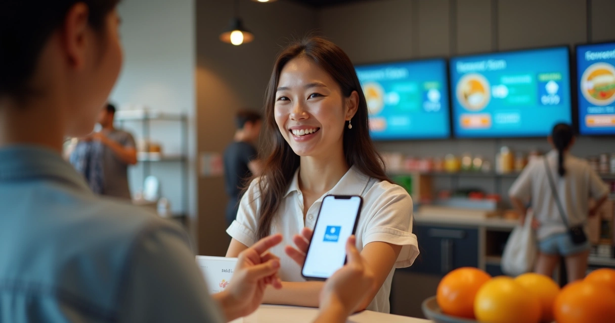 Cliente feliz canjeando puntos por un premio en un ambiente moderno