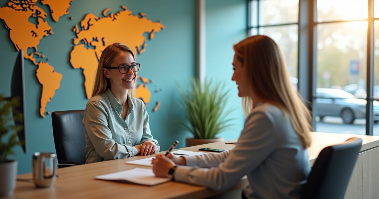 Cliente satisfeito recebendo atendimento em agência de turismo 