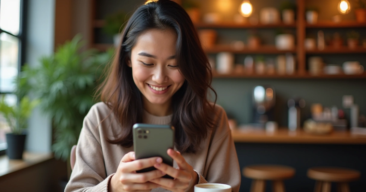 Cliente sorridente usando WhatsApp recebendo atendimento personalizado 