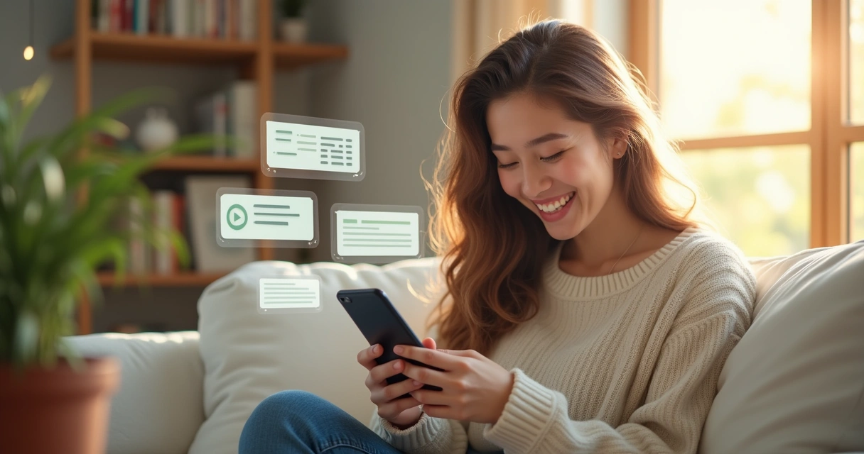 Cliente sorrindo após bom atendimento via WhatsApp 