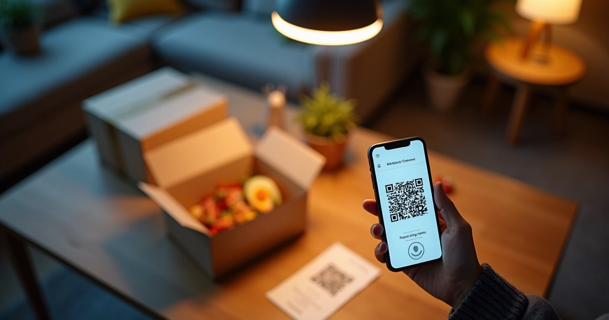 Cliente escaneando QR code em embalagem de delivery sobre mesa de jantar 