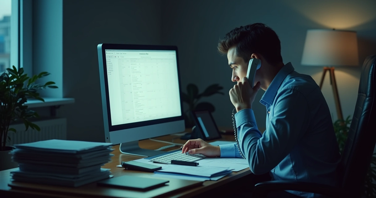 Profissional de contabilidade olhando para um telefone sem receber ligações 