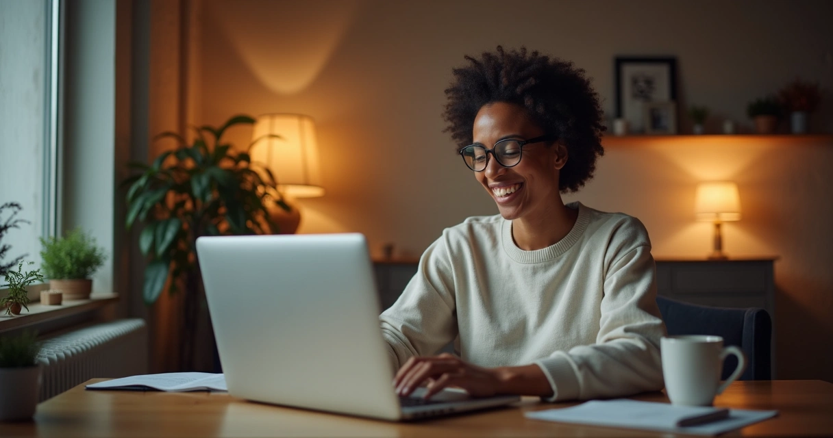 Cliente sonriente usando ordenador portátil en su casa
