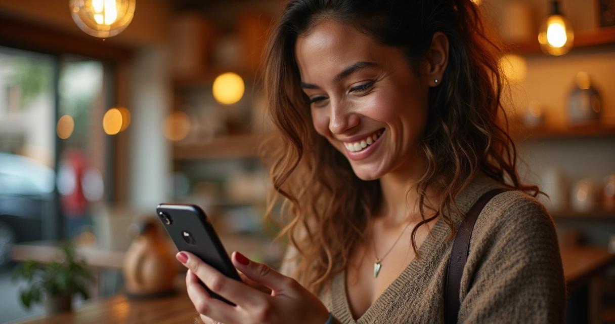 Cliente sorridente recebendo mensagem digital personalizada em loja pequena 