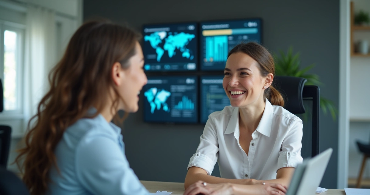 Pessoa recebendo atendimento humanizado e sorrindo num ambiente corporativo, expressão de surpresa e alegria 