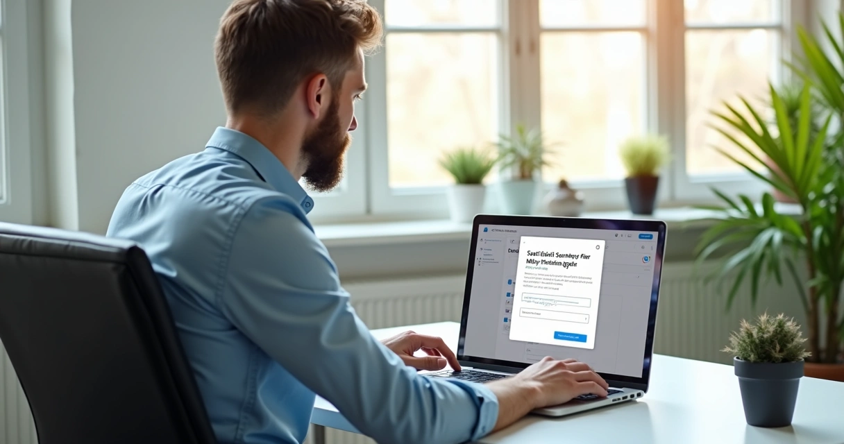 Homem usando notebook com painel de satisfação após atualização SaaS
