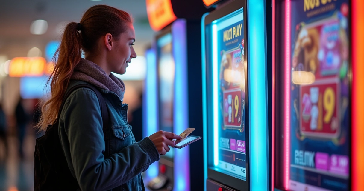 Pessoa usando cartão para pagar em máquina de diversão digital 